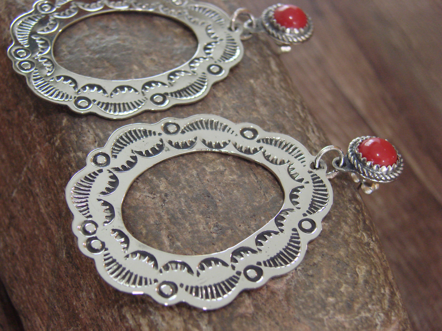 Navajo Indian Nickel Silver & Coral Dangle Post Earrings - Cleveland