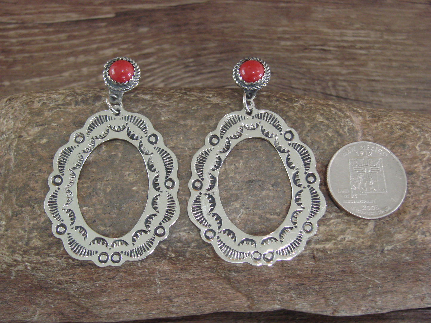Navajo Indian Nickel Silver & Coral Dangle Post Earrings - Cleveland