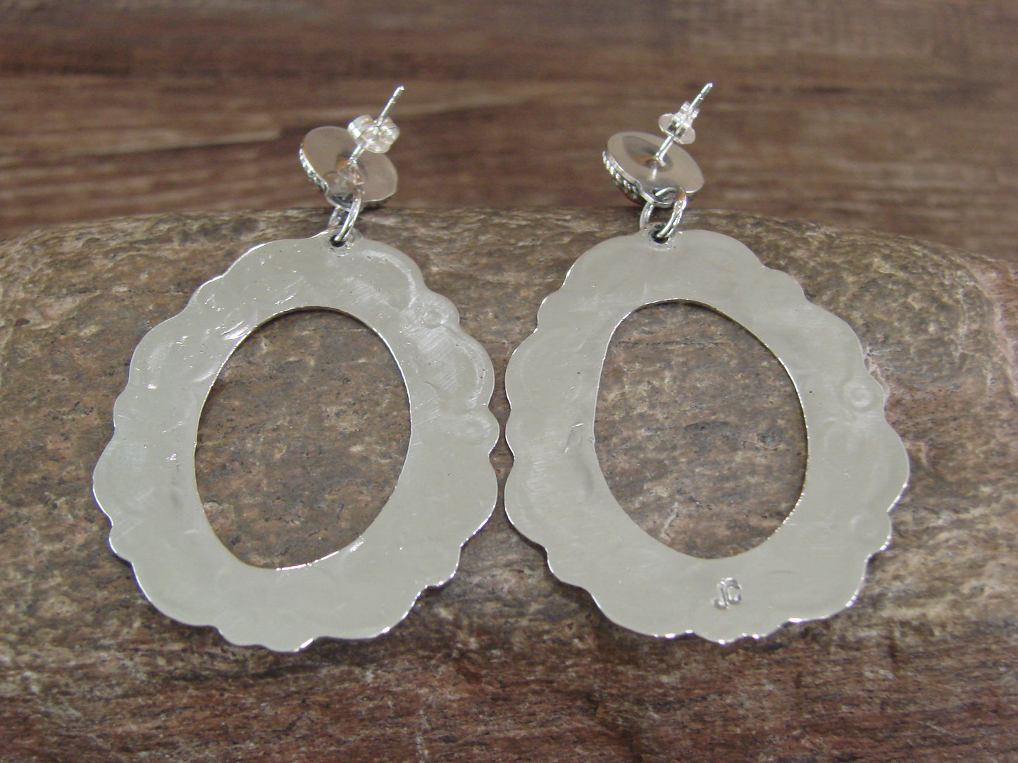 Navajo Indian Nickel Silver & Coral Dangle Post Earrings - Cleveland