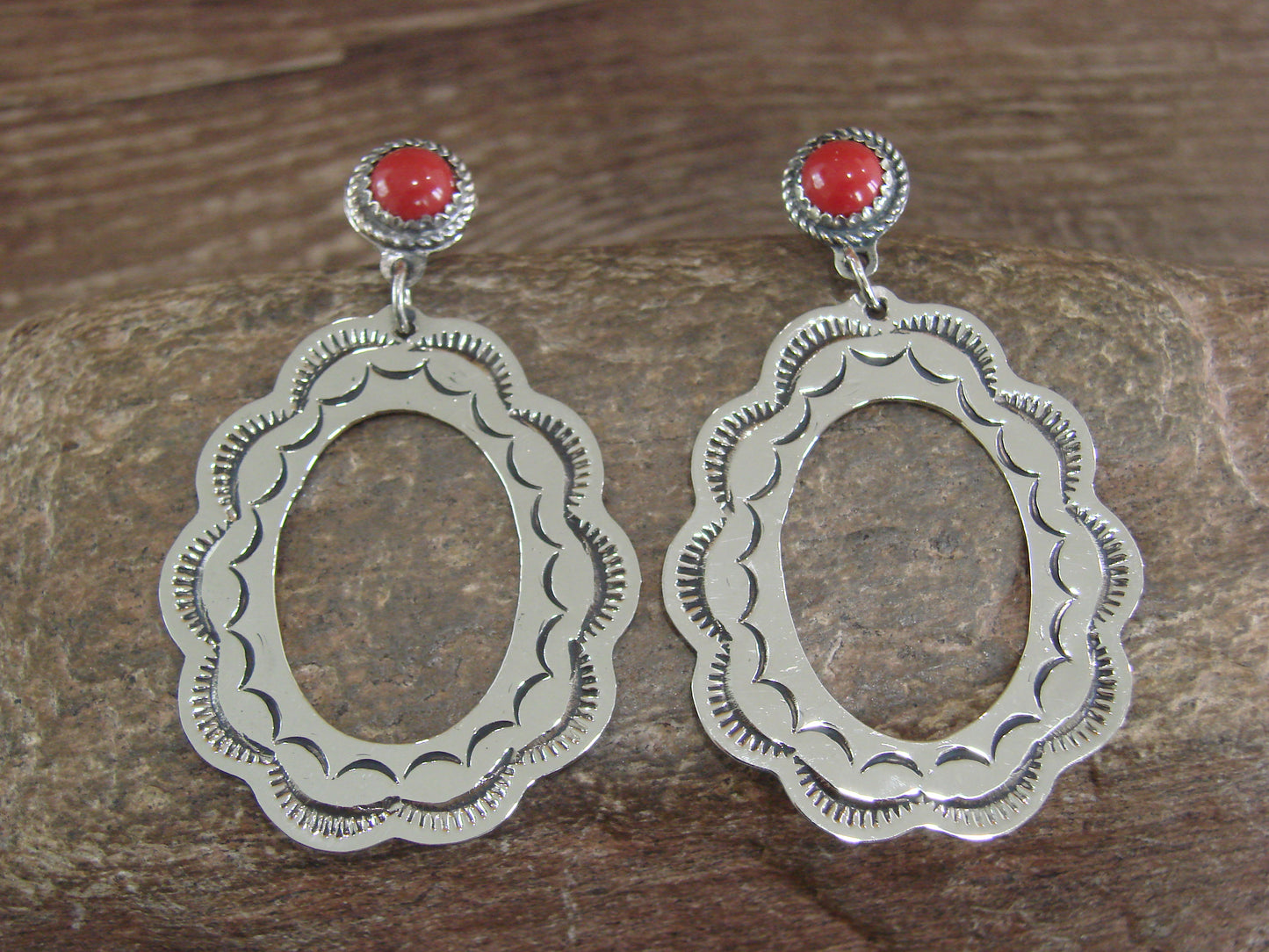 Navajo Indian Nickel Silver & Coral Dangle Post Earrings - Cleveland