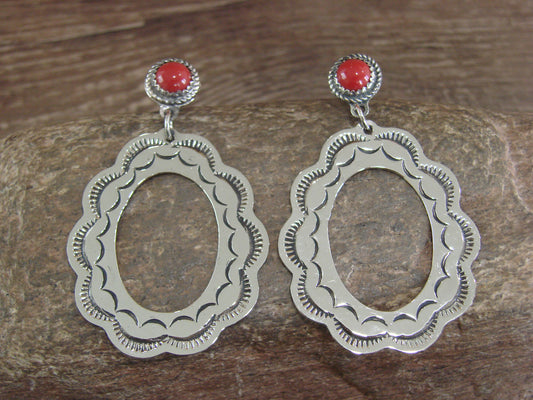 Navajo Indian Nickel Silver & Coral Dangle Post Earrings - Cleveland