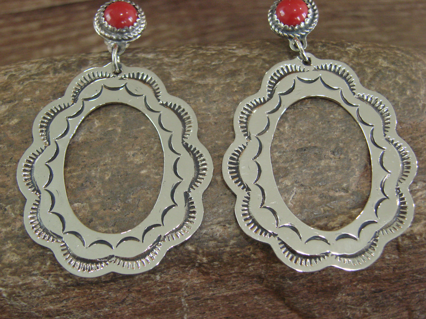 Navajo Indian Nickel Silver & Coral Dangle Post Earrings - Cleveland