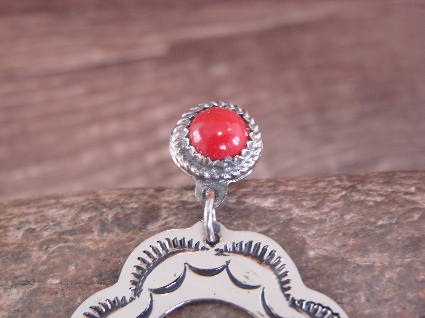 Navajo Indian Nickel Silver & Coral Dangle Post Earrings - Cleveland