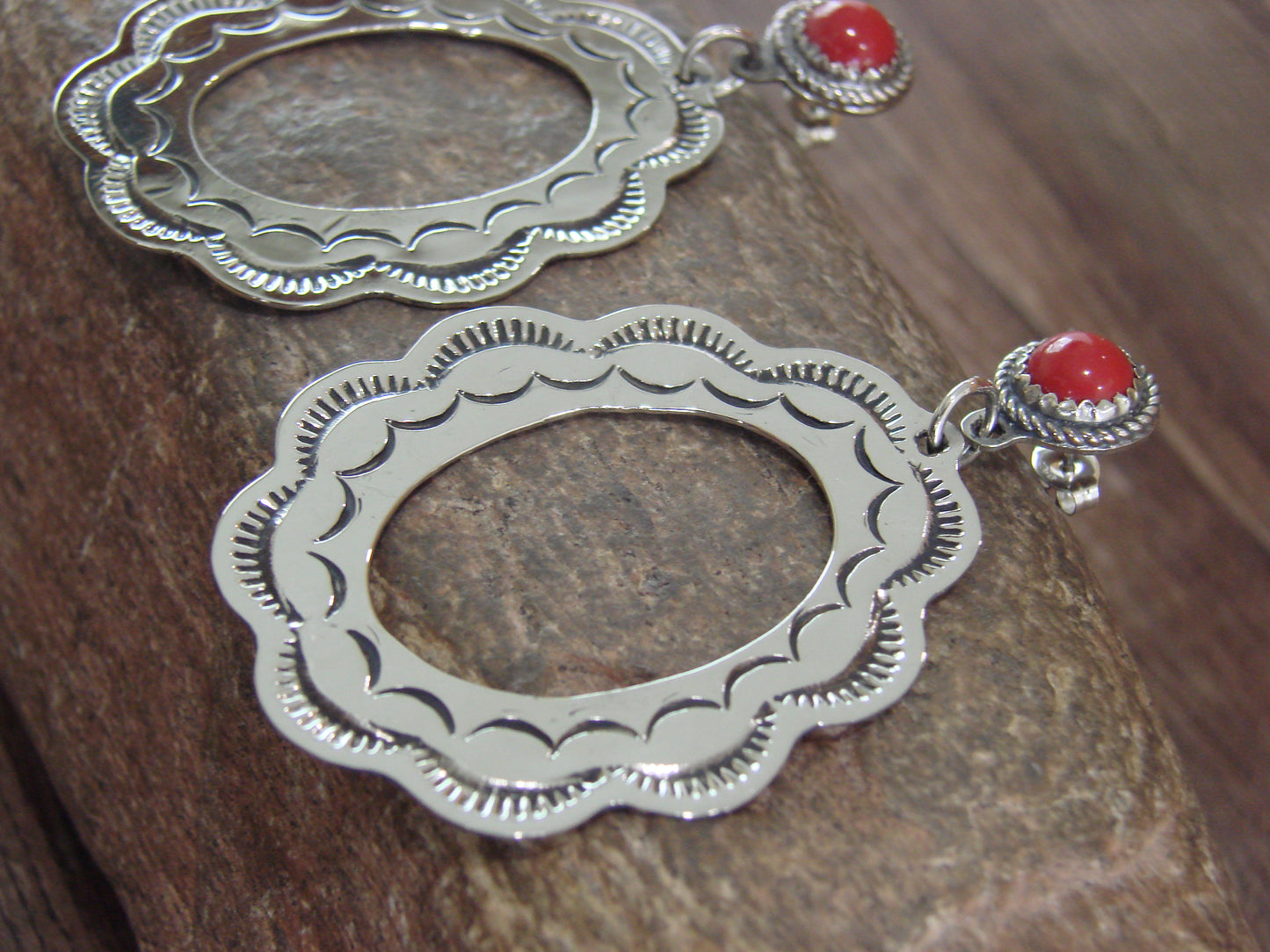 Navajo Indian Nickel Silver & Coral Dangle Post Earrings - Cleveland