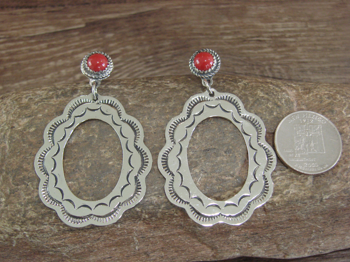 Navajo Indian Nickel Silver & Coral Dangle Post Earrings - Cleveland