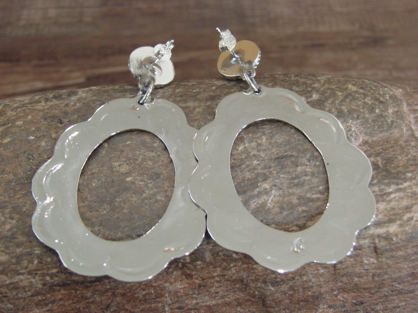 Navajo Indian Nickel Silver & Coral Dangle Post Earrings - Cleveland