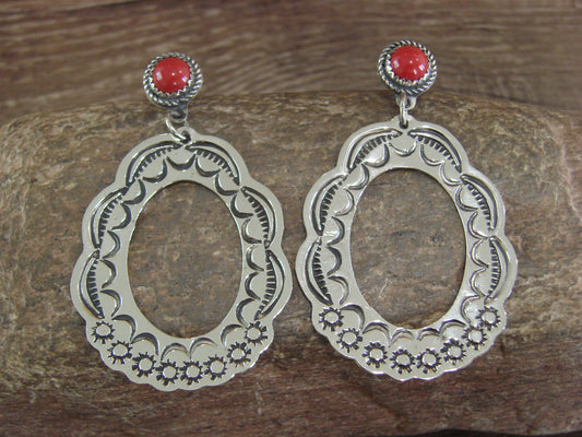 Navajo Indian Nickel Silver & Coral Dangle Post Earrings - Cleveland