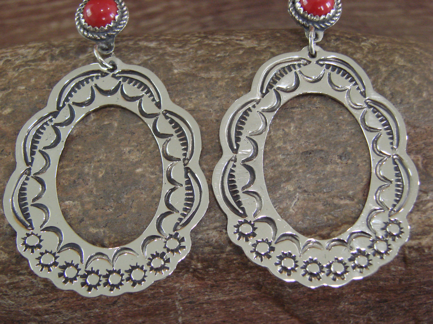 Navajo Indian Nickel Silver & Coral Dangle Post Earrings - Cleveland
