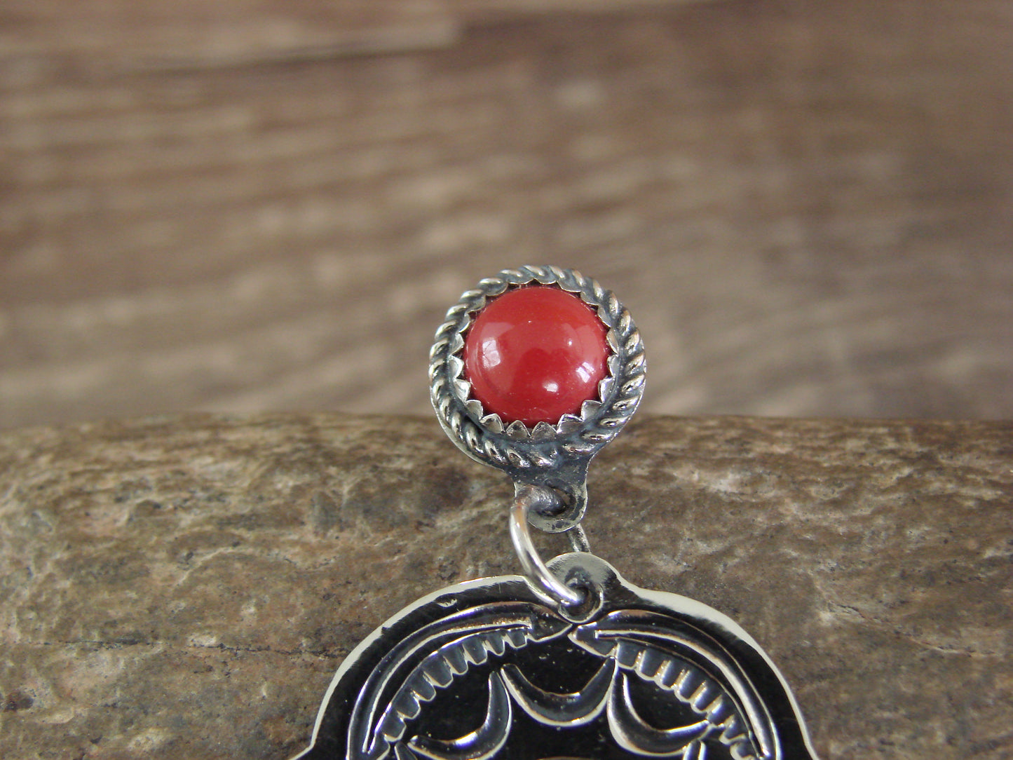 Navajo Indian Nickel Silver & Coral Dangle Post Earrings - Cleveland