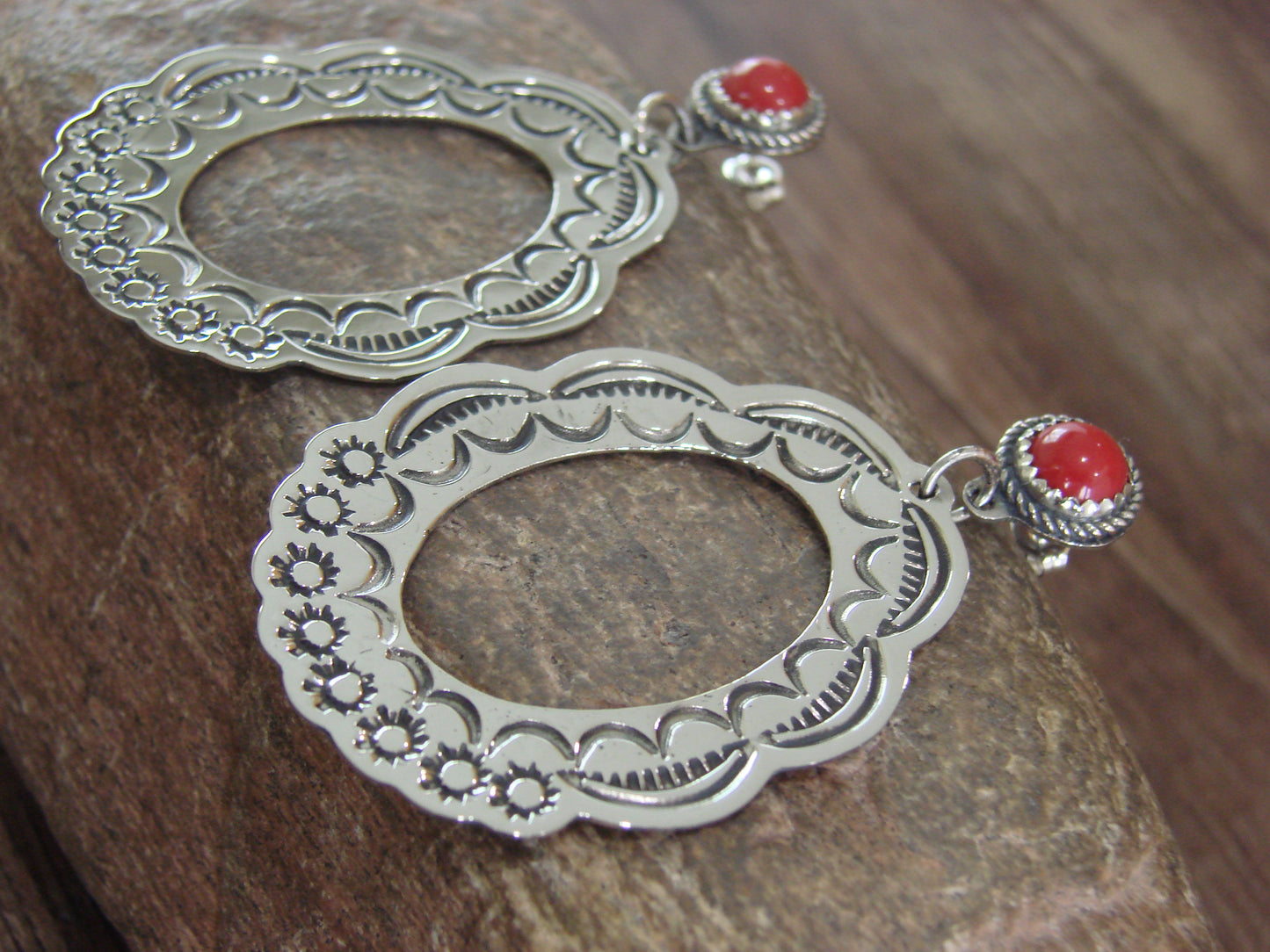 Navajo Indian Nickel Silver & Coral Dangle Post Earrings - Cleveland