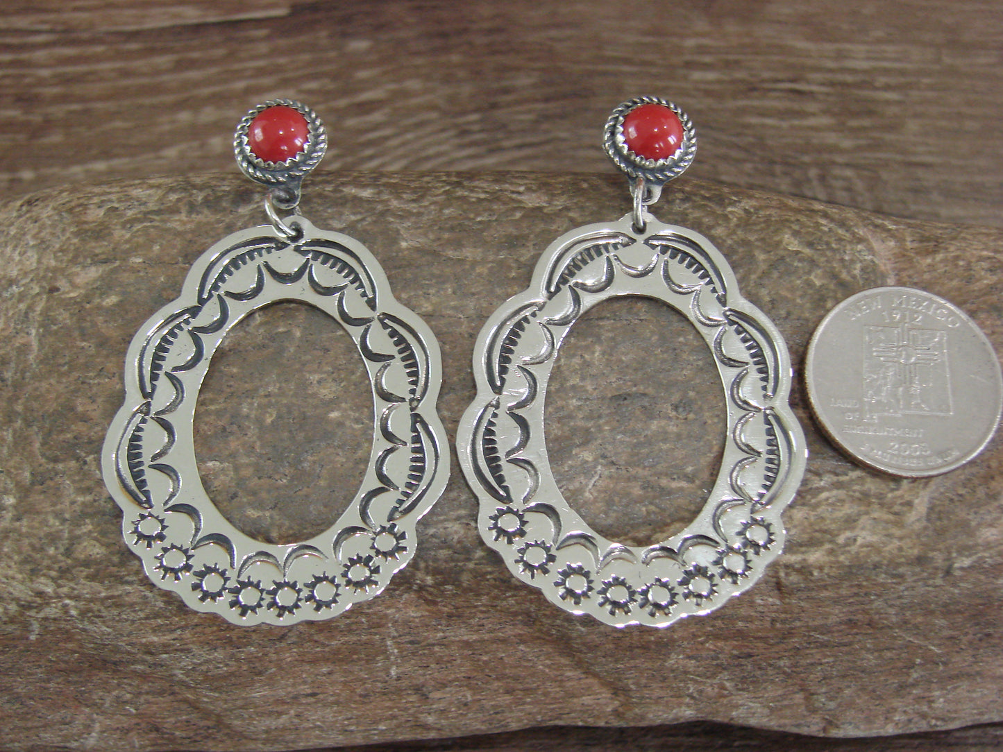 Navajo Indian Nickel Silver & Coral Dangle Post Earrings - Cleveland
