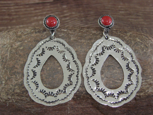 Navajo Indian Nickel Silver & Coral Dangle Post Earrings - Cleveland