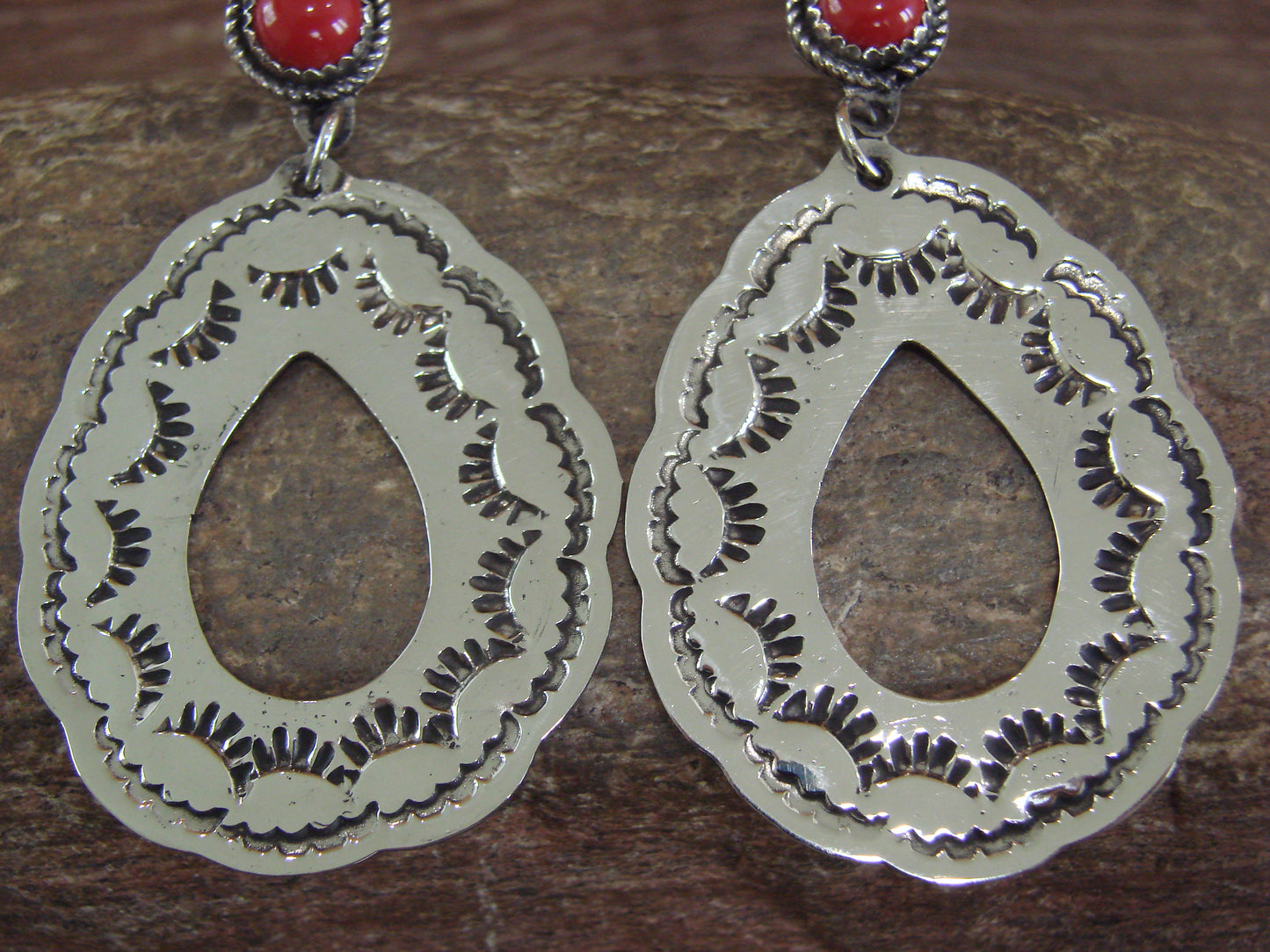 Navajo Indian Nickel Silver & Coral Dangle Post Earrings - Cleveland