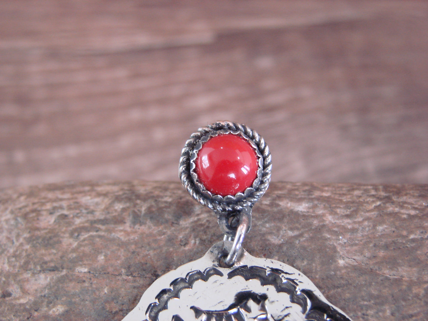 Navajo Indian Nickel Silver & Coral Dangle Post Earrings - Cleveland