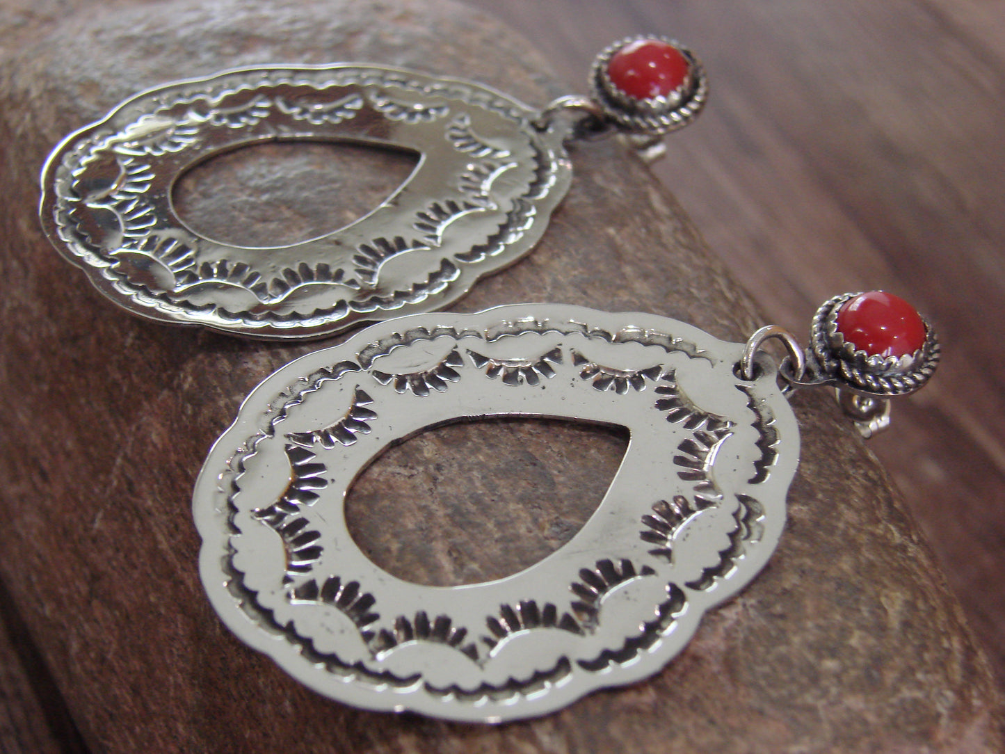 Navajo Indian Nickel Silver & Coral Dangle Post Earrings - Cleveland