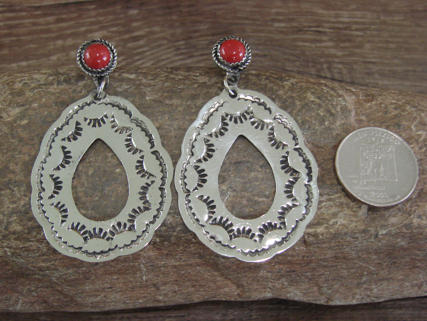 Navajo Indian Nickel Silver & Coral Dangle Post Earrings - Cleveland