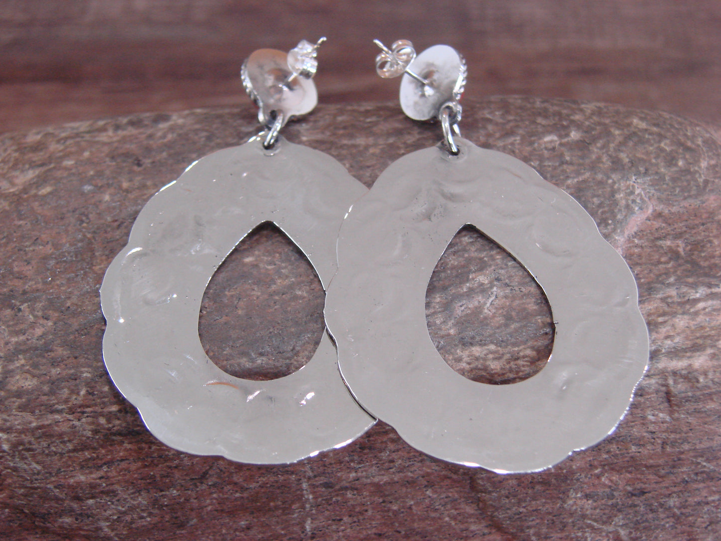 Navajo Indian Nickel Silver & Coral Dangle Post Earrings - Cleveland