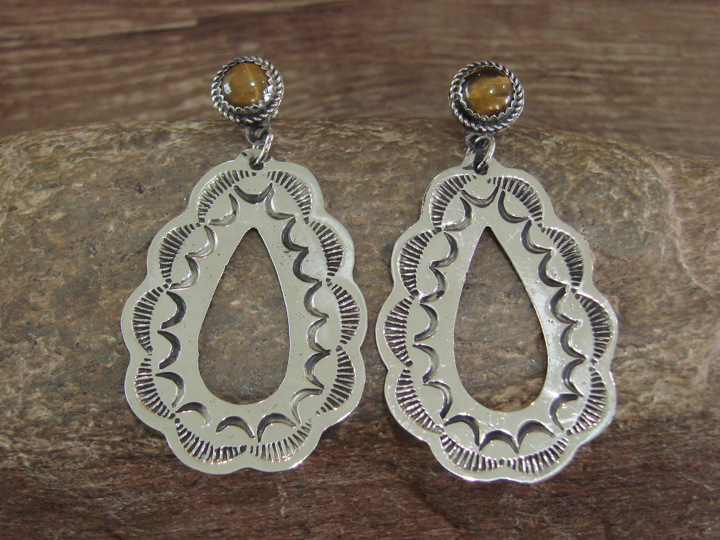 Navajo Indian Nickel Silver & Tiger Eye Dangle Post Earrings - Cleveland