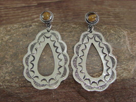 Navajo Indian Nickel Silver & Tiger Eye Dangle Post Earrings - Cleveland