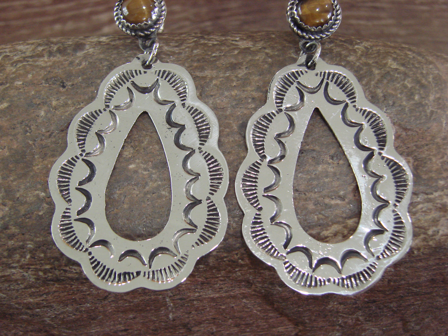 Navajo Indian Nickel Silver & Tiger Eye Dangle Post Earrings - Cleveland