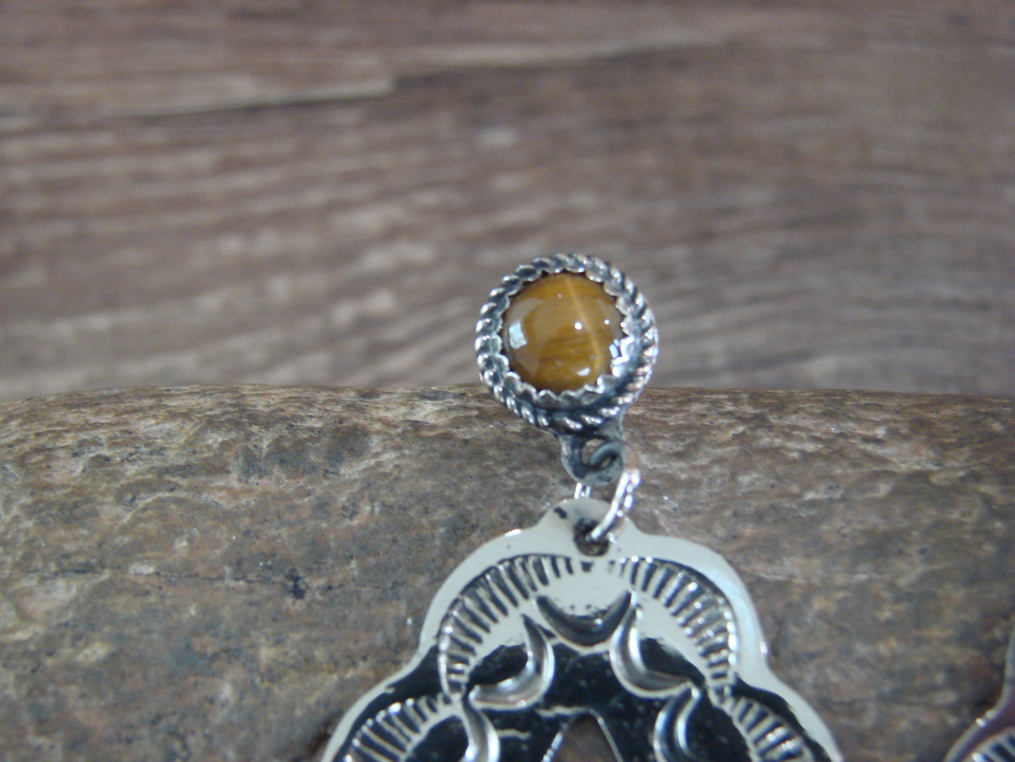 Navajo Indian Nickel Silver & Tiger Eye Dangle Post Earrings - Cleveland