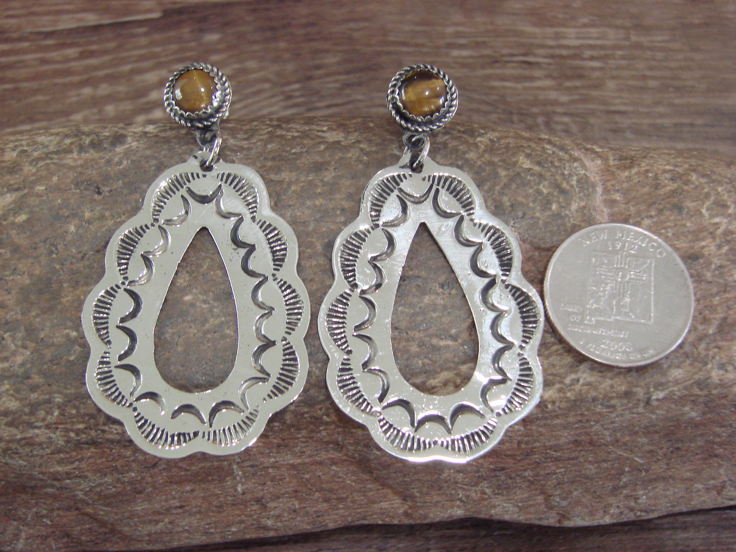 Navajo Indian Nickel Silver & Tiger Eye Dangle Post Earrings - Cleveland