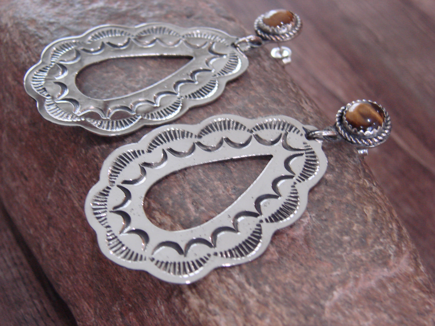 Navajo Indian Nickel Silver & Tiger Eye Dangle Post Earrings - Cleveland