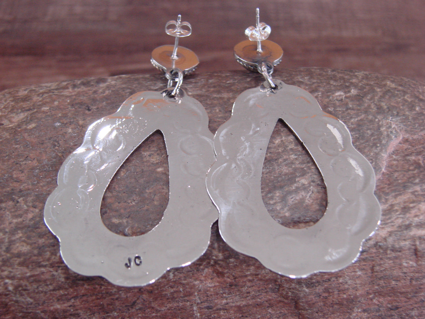 Navajo Indian Nickel Silver & Tiger Eye Dangle Post Earrings - Cleveland