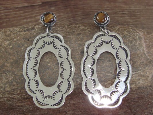 Navajo Indian Nickel Silver & Tiger Eye Dangle Post Earrings - Cleveland