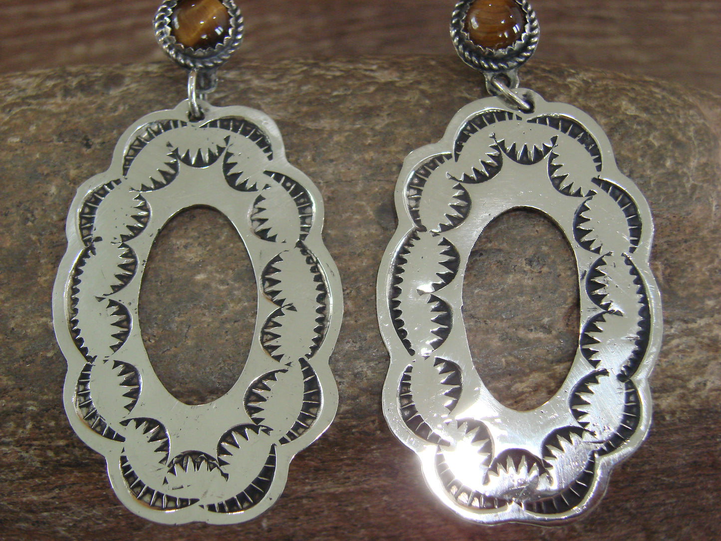 Navajo Indian Nickel Silver & Tiger Eye Dangle Post Earrings - Cleveland