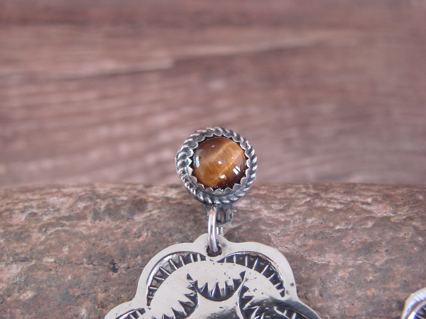 Navajo Indian Nickel Silver & Tiger Eye Dangle Post Earrings - Cleveland