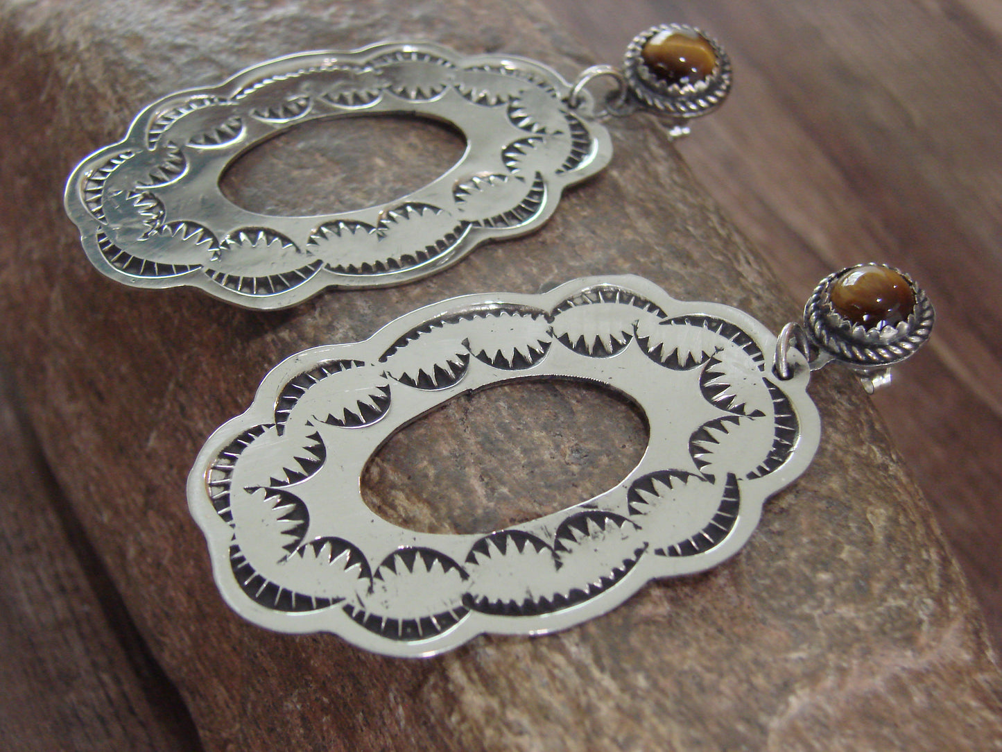 Navajo Indian Nickel Silver & Tiger Eye Dangle Post Earrings - Cleveland