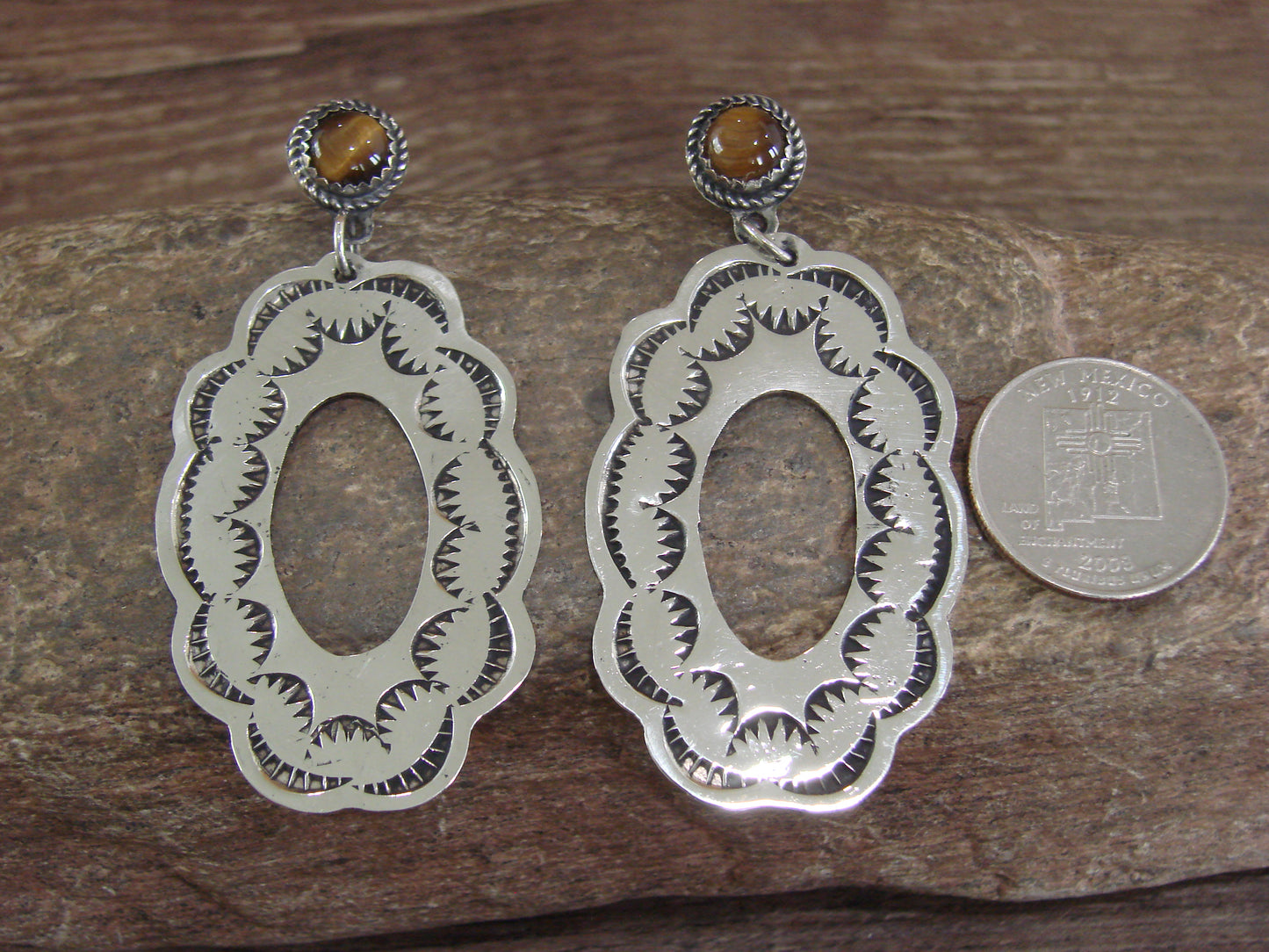 Navajo Indian Nickel Silver & Tiger Eye Dangle Post Earrings - Cleveland