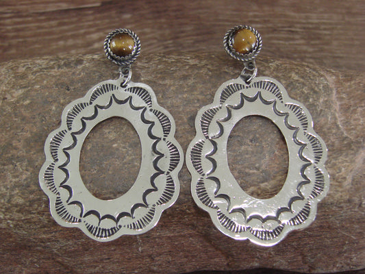 Navajo Indian Nickel Silver & Tiger Eye Dangle Post Earrings - Cleveland