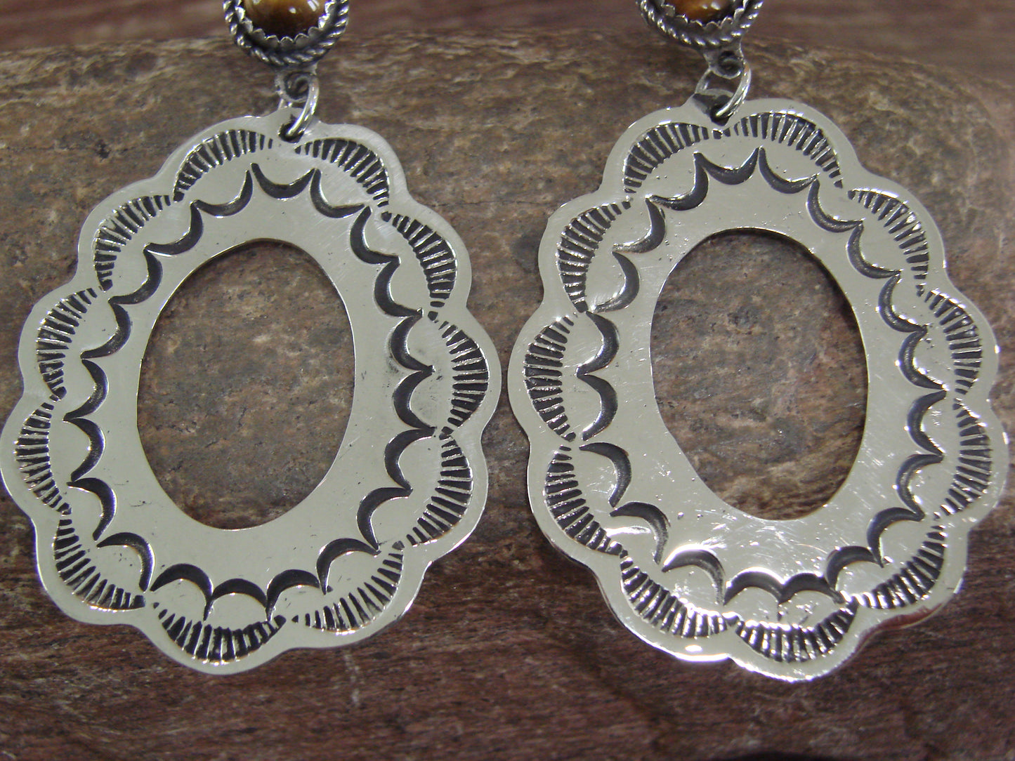 Navajo Indian Nickel Silver & Tiger Eye Dangle Post Earrings - Cleveland