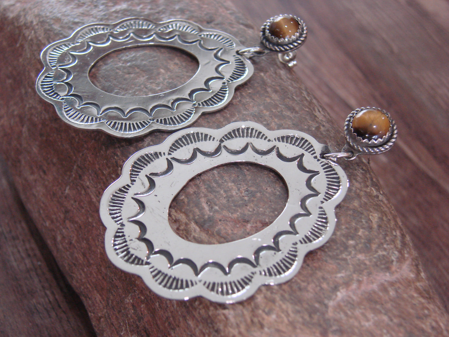 Navajo Indian Nickel Silver & Tiger Eye Dangle Post Earrings - Cleveland