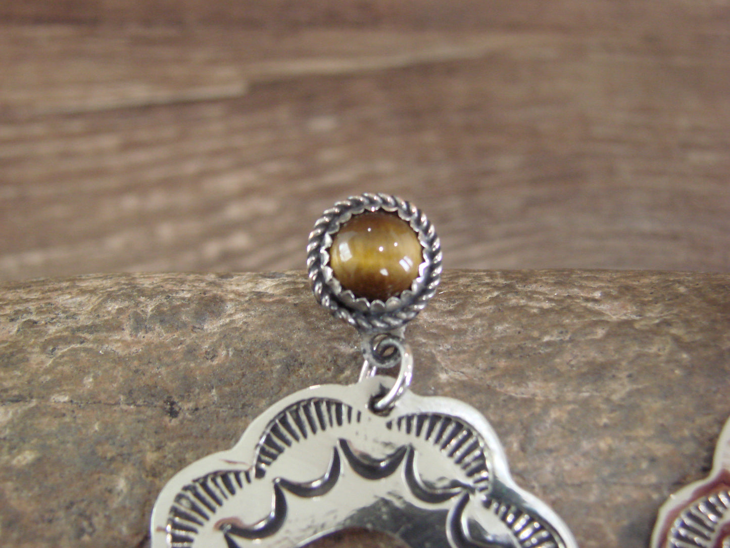 Navajo Indian Nickel Silver & Tiger Eye Dangle Post Earrings - Cleveland