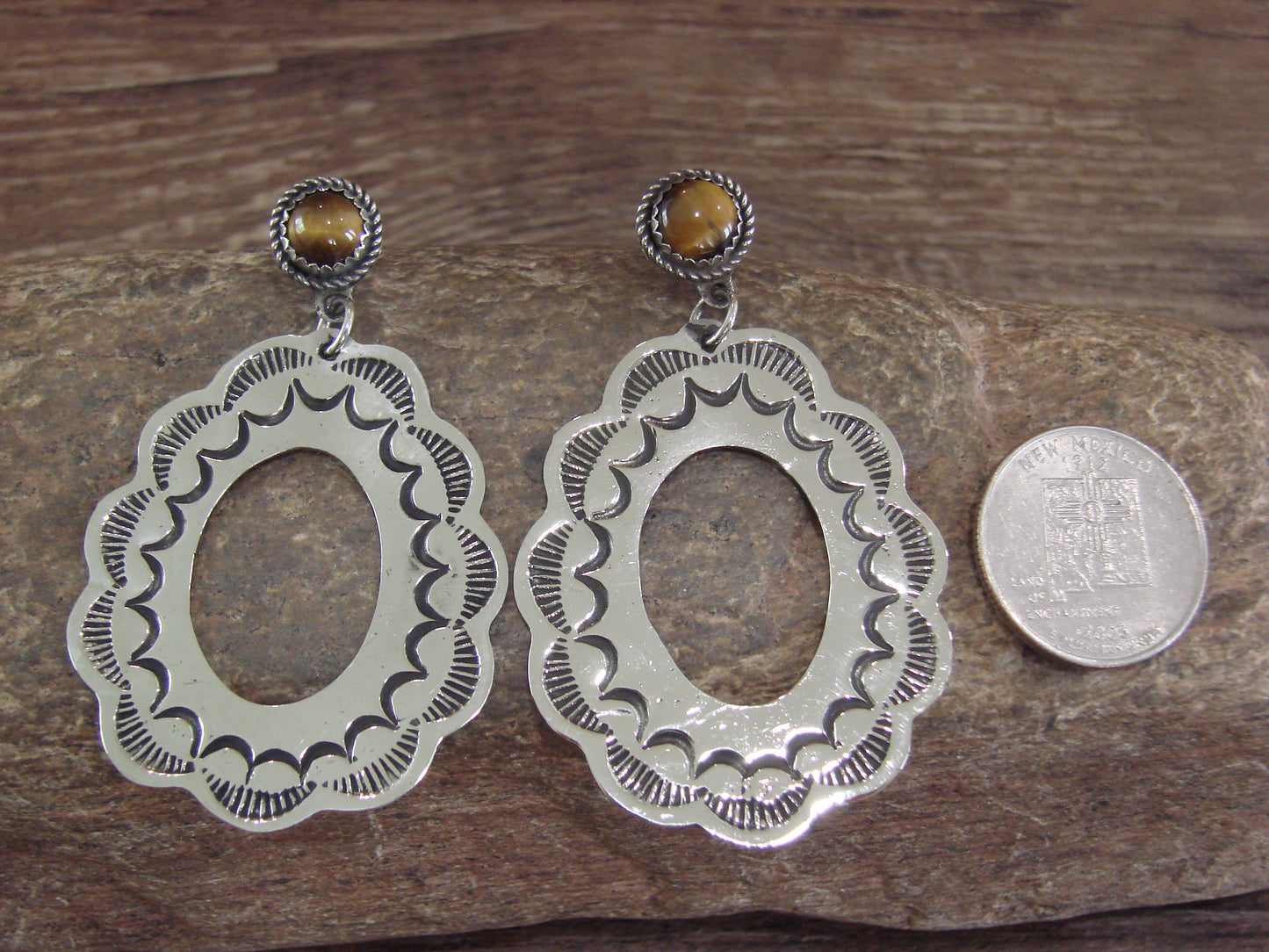 Navajo Indian Nickel Silver & Tiger Eye Dangle Post Earrings - Cleveland