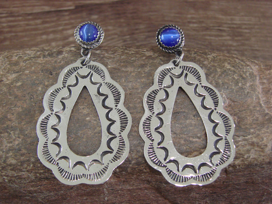 Navajo Indian Nickel Silver & Blue Marble Dangle Post Earrings - Cleveland