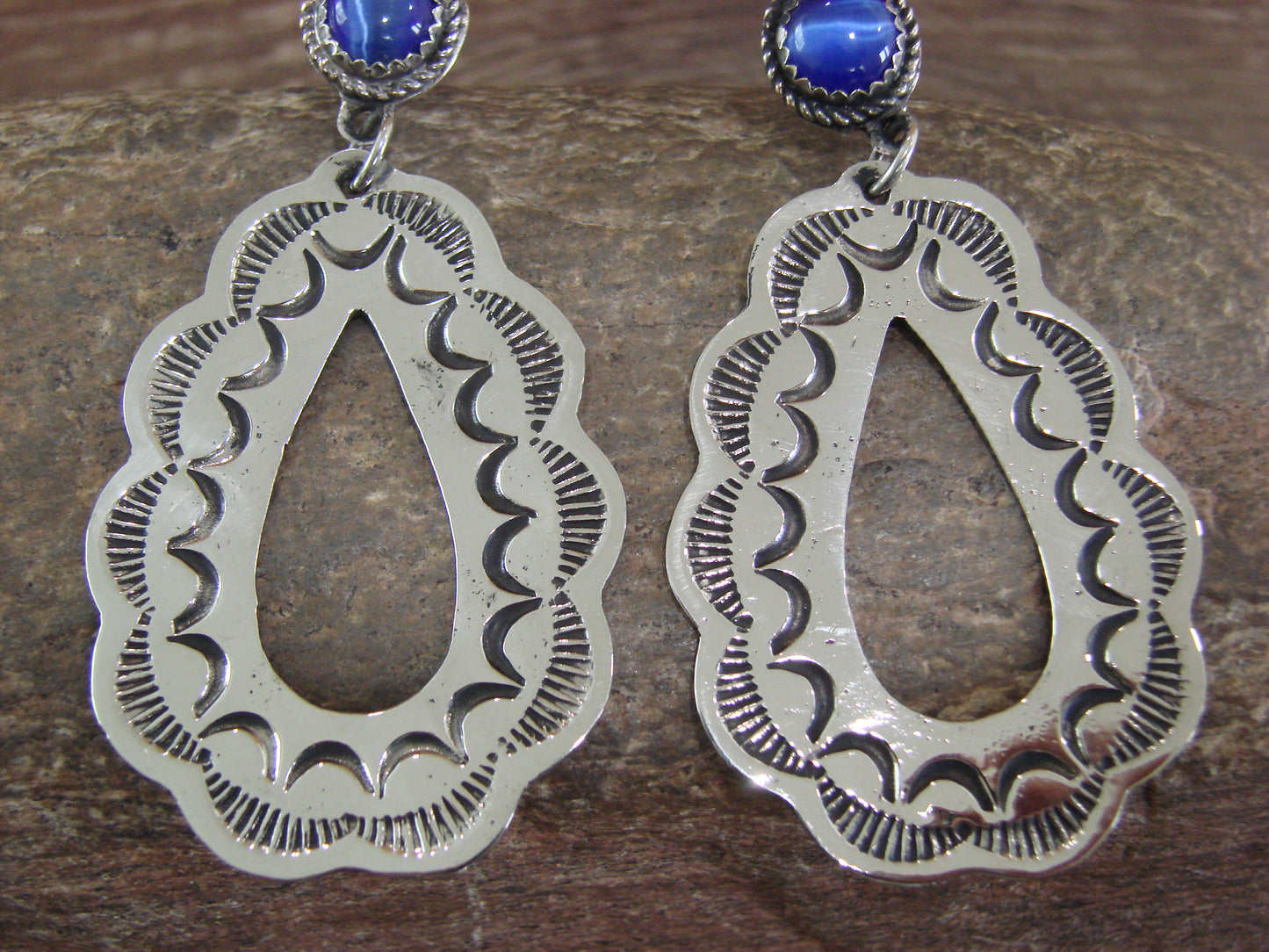 Navajo Indian Nickel Silver & Blue Marble Dangle Post Earrings - Cleveland