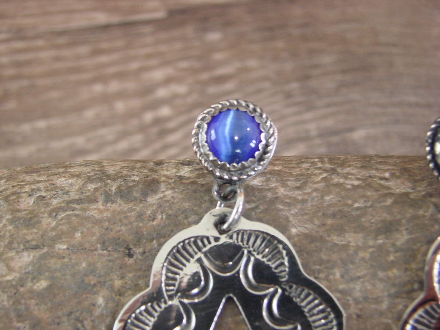 Navajo Indian Nickel Silver & Blue Marble Dangle Post Earrings - Cleveland
