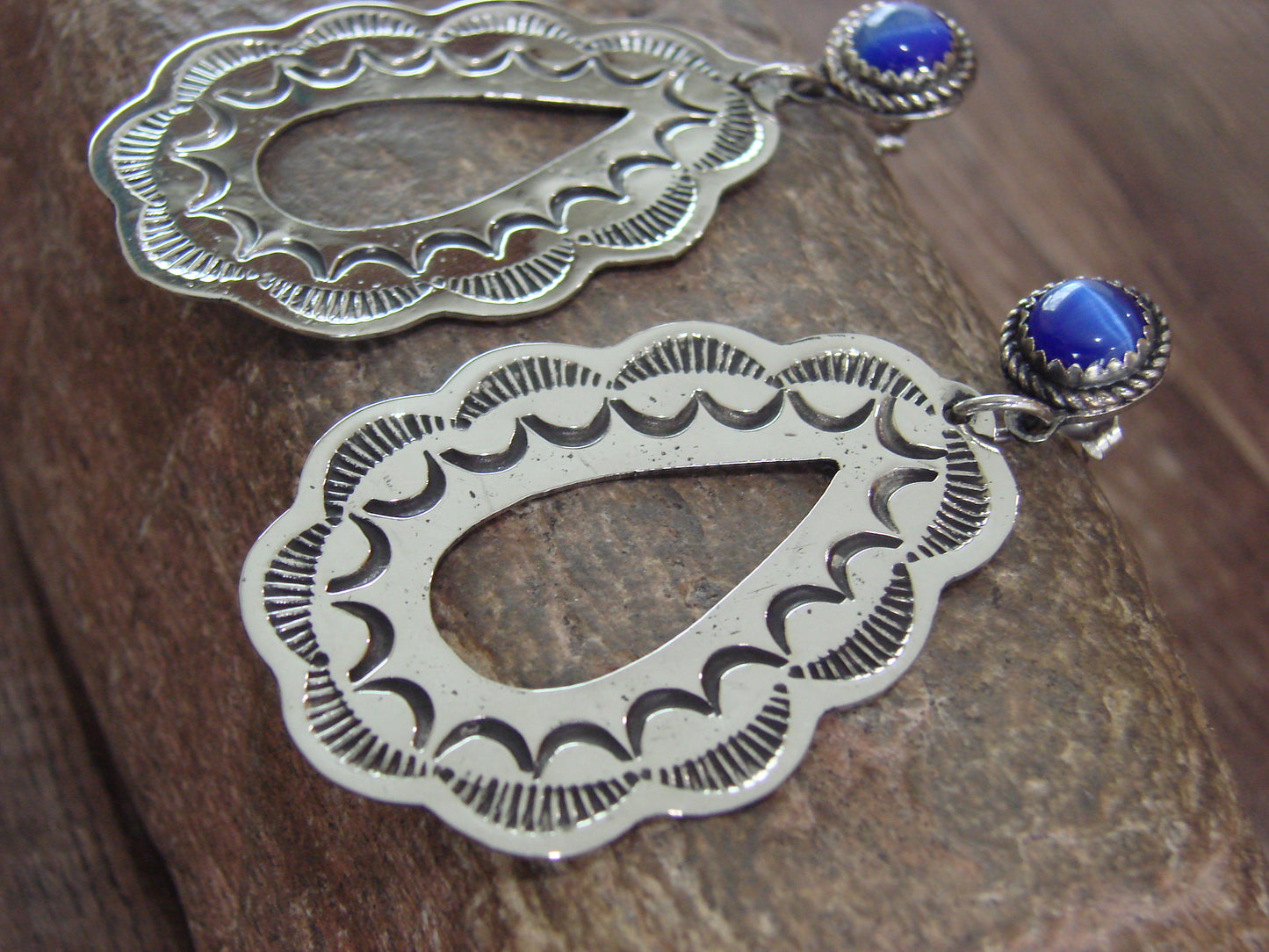 Navajo Indian Nickel Silver & Blue Marble Dangle Post Earrings - Cleveland
