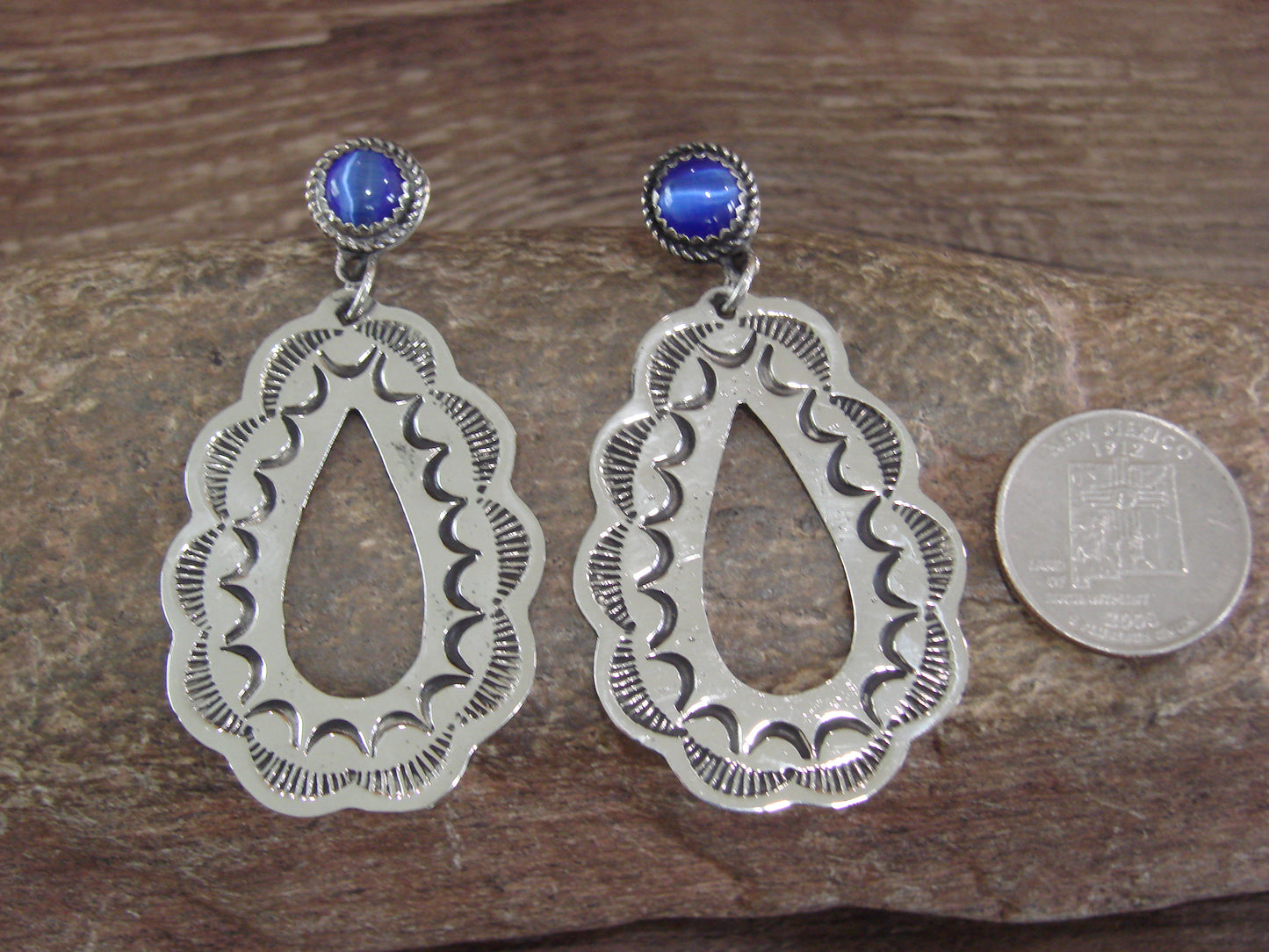 Navajo Indian Nickel Silver & Blue Marble Dangle Post Earrings - Cleveland