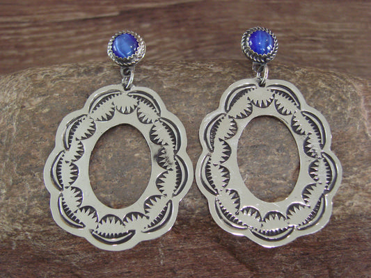 Navajo Indian Nickel Silver & Blue Marble Dangle Post Earrings - Cleveland