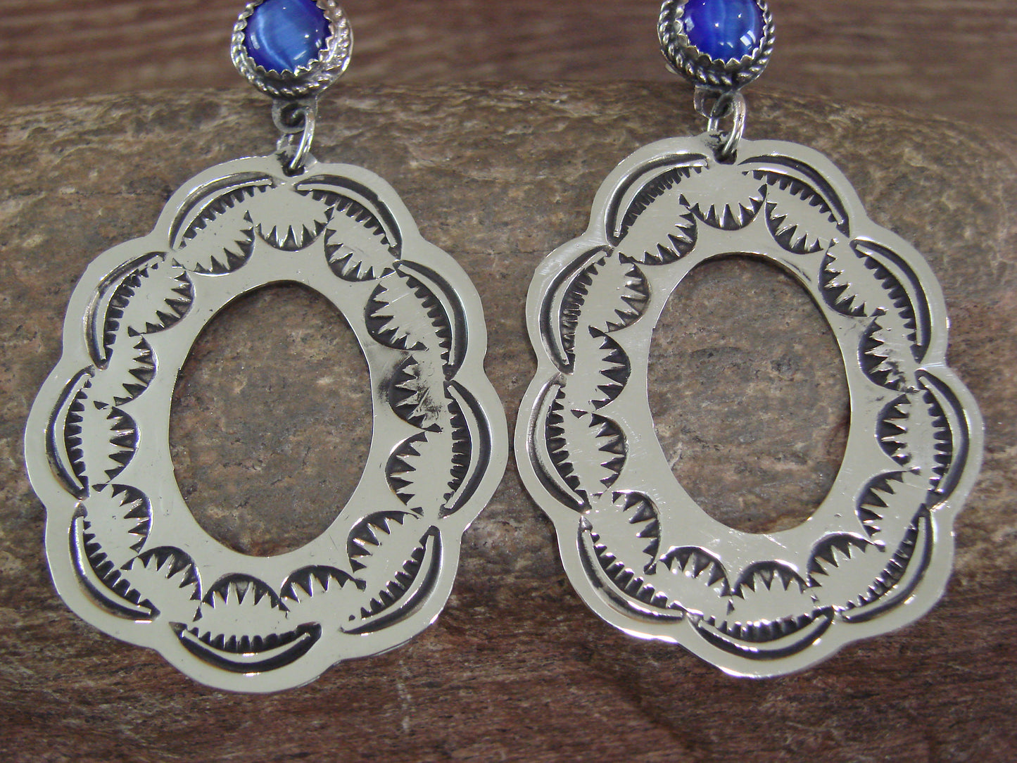 Navajo Indian Nickel Silver & Blue Marble Dangle Post Earrings - Cleveland