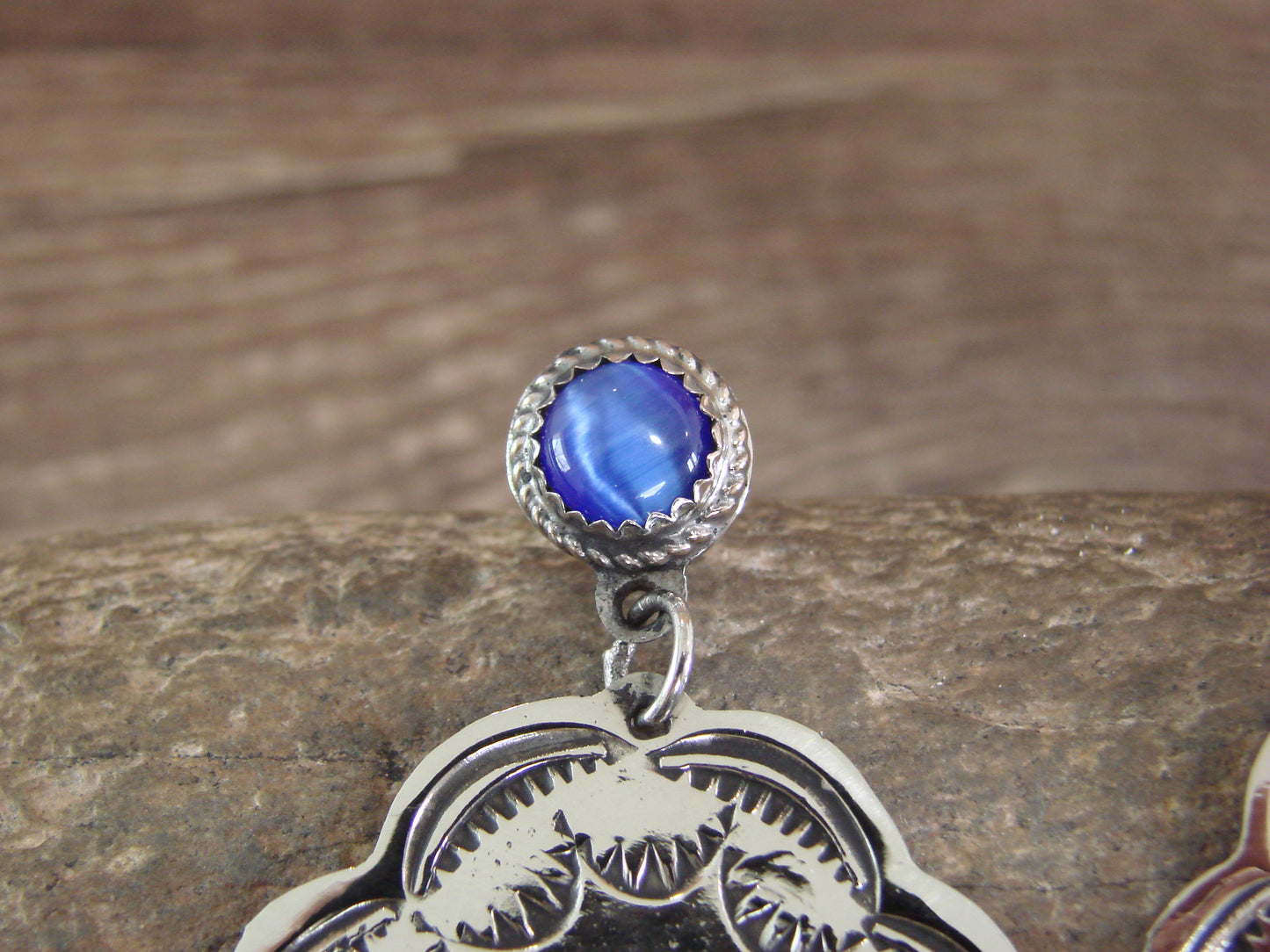 Navajo Indian Nickel Silver & Blue Marble Dangle Post Earrings - Cleveland