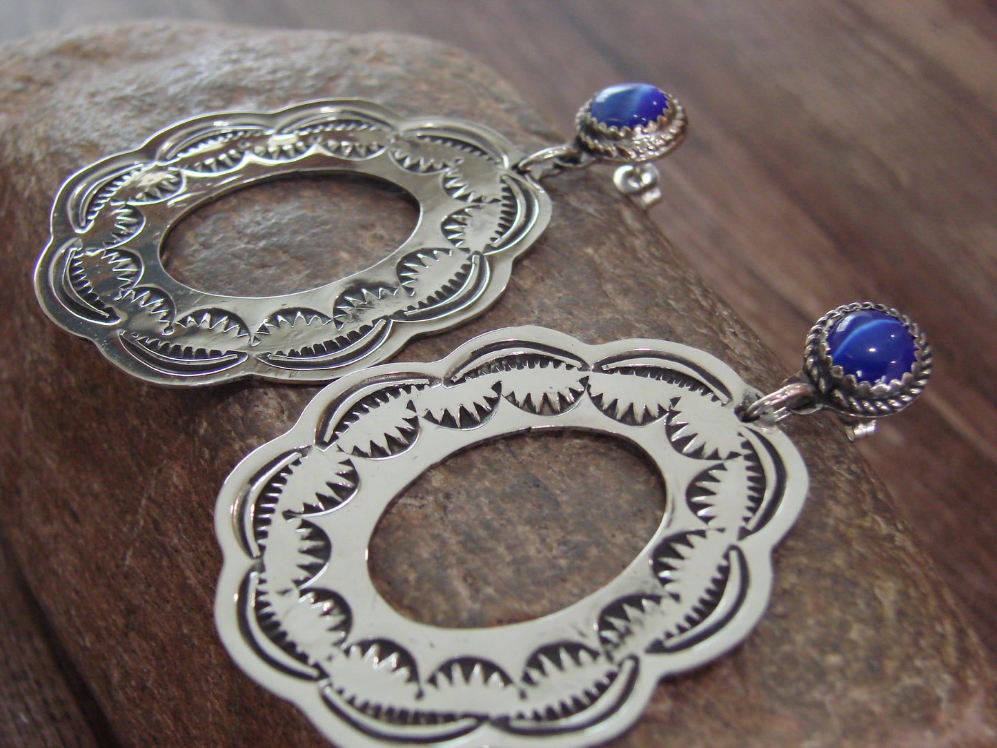 Navajo Indian Nickel Silver & Blue Marble Dangle Post Earrings - Cleveland