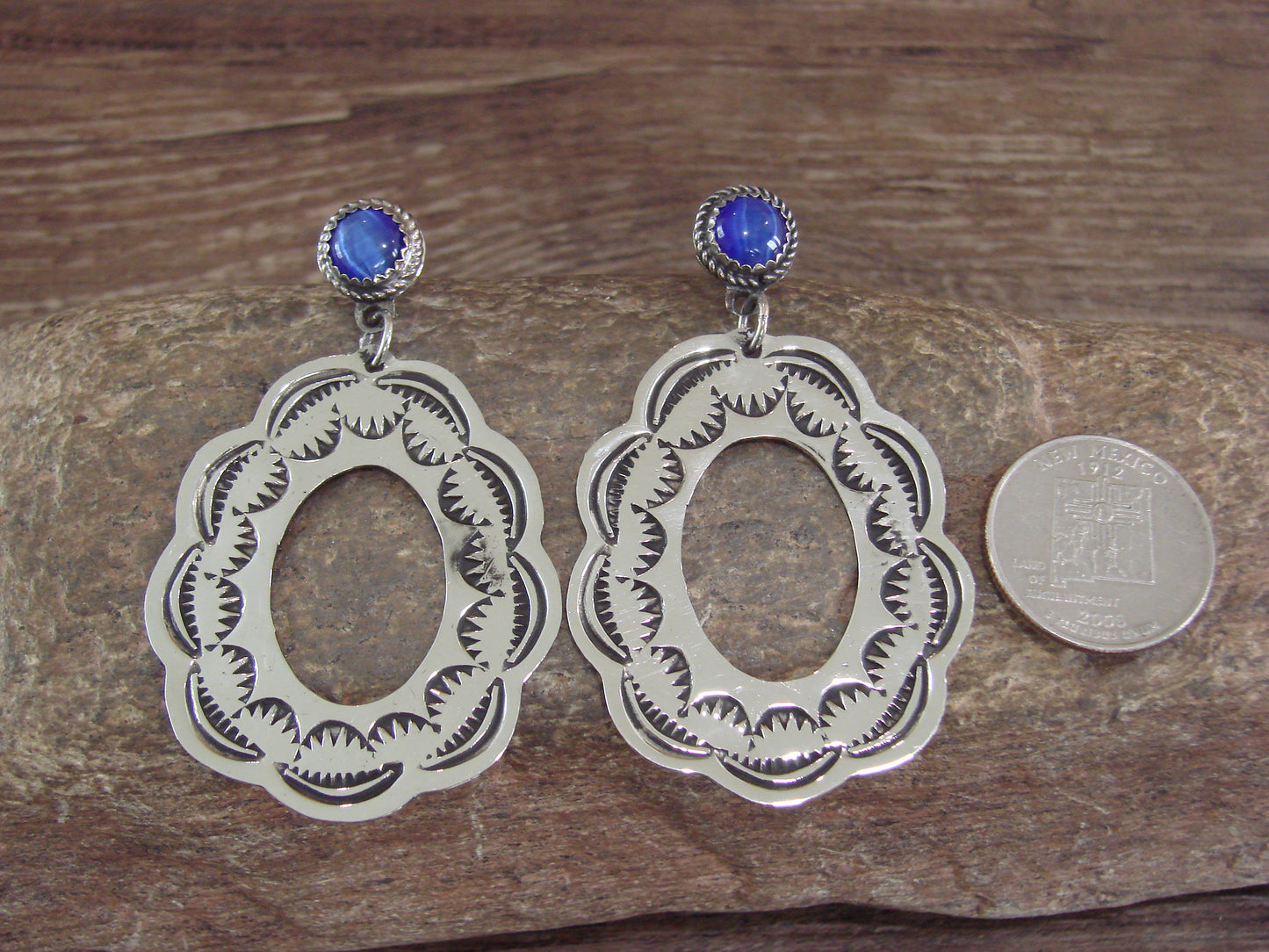 Navajo Indian Nickel Silver & Blue Marble Dangle Post Earrings - Cleveland