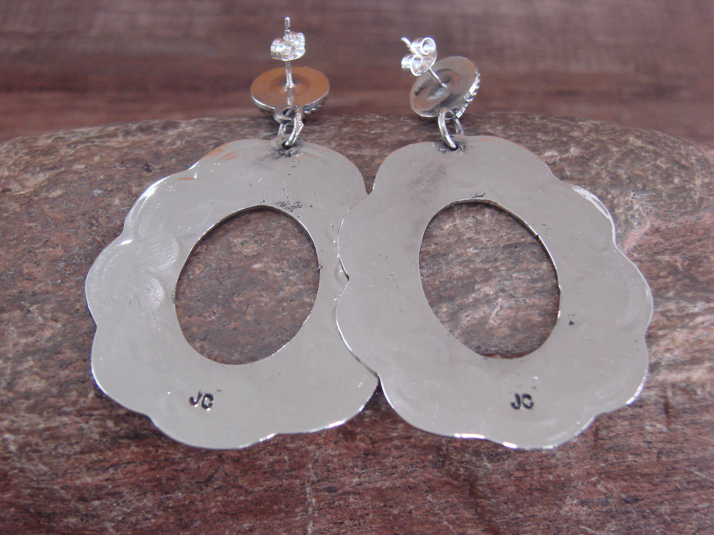 Navajo Indian Nickel Silver & Blue Marble Dangle Post Earrings - Cleveland