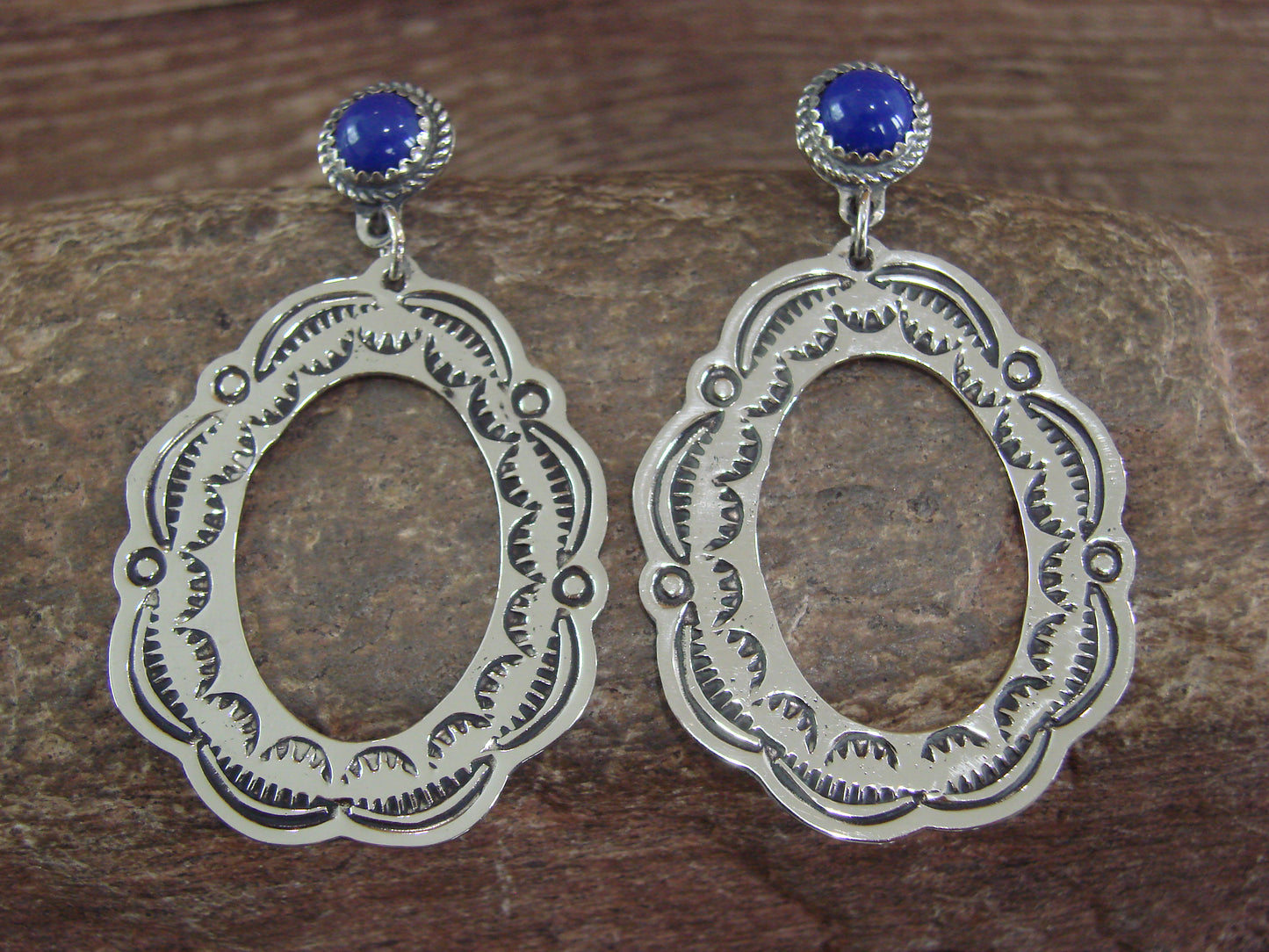 Navajo Indian Nickel Silver & Blue Lapis Dangle Post Earrings - Cleveland